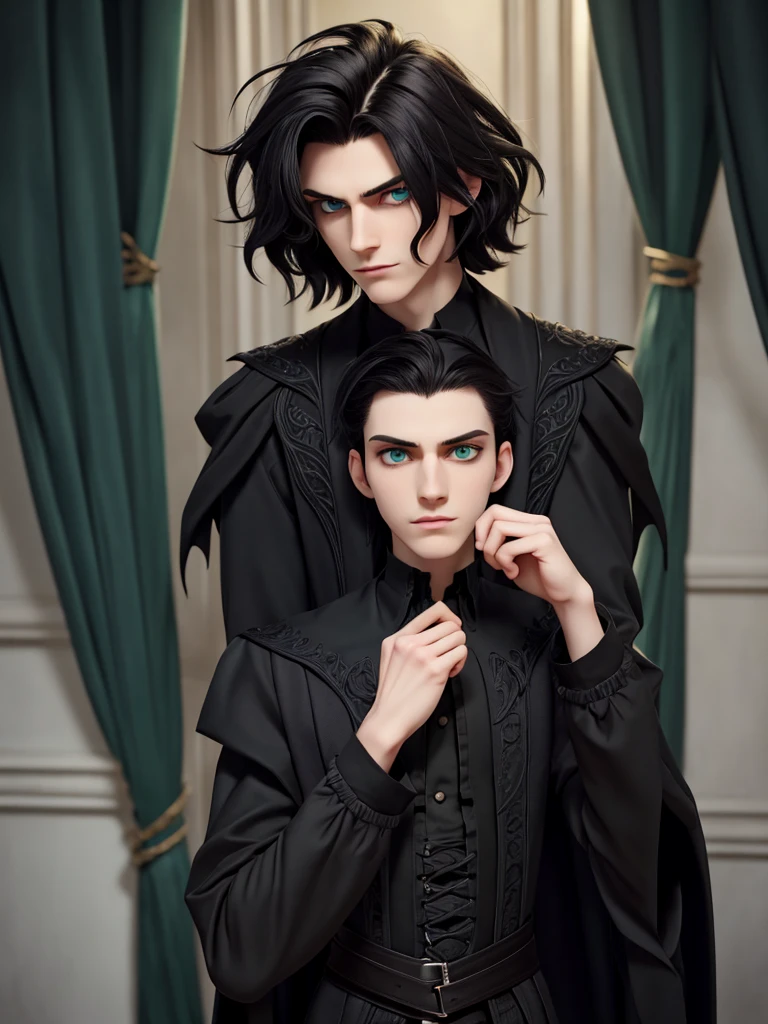 (best quality), 1boy, male, pale skin, black hair, medium hair, curtain hair, tousled hair, green eyes, perfect eyes, dark circles under eyes, tall, slender, handsome, strong jawline, lazy, light smile, attractive, (gothic clothes), masterpiece, anatomically correct, highres
