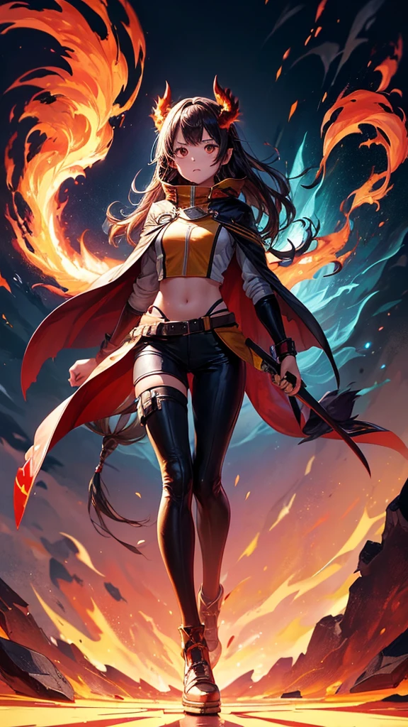 (1girl,solo),full body, gradient_background, ((burning,breathing fire, explosion,fiery tail)), torn clothes,cape,horns,holding_sword, 