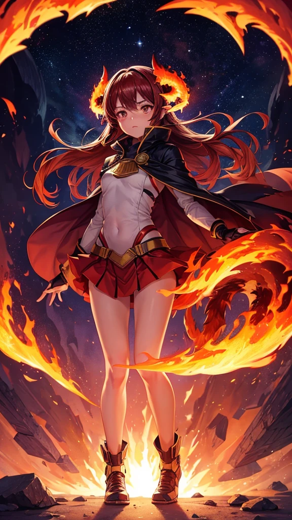 (1girl,solo),full body, gradient_background, ((burning,breathing fire, explosion,fiery tail)), torn clothes,cape,horns,holding_sword, 