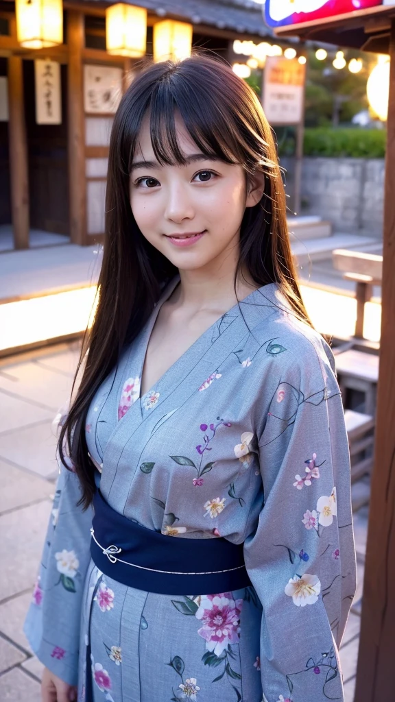 High resolution、high quality、Detailed face、Beautiful Face、cute、Young Face、Young face、Beautiful scenery in Japan、yukata、An innocent smile、whole body、Summer festival、stall、Nightclub