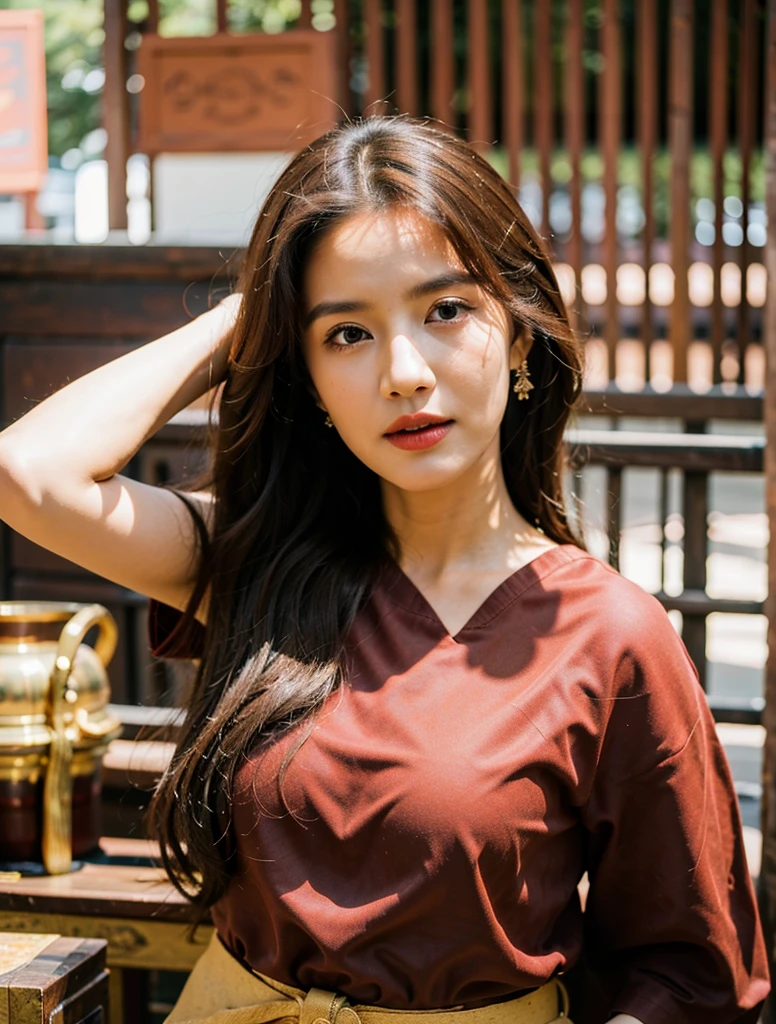 (8K,Masterpiece,Nothing special, realistic :1.3), best quality, Portrait , realistic, Face Focus, 1 woman, long brown hair, Traditional Thai dress , ( Comfortable red:1.2), temple background, (The Wind:1.2),(sunlight:1.2), big breasts