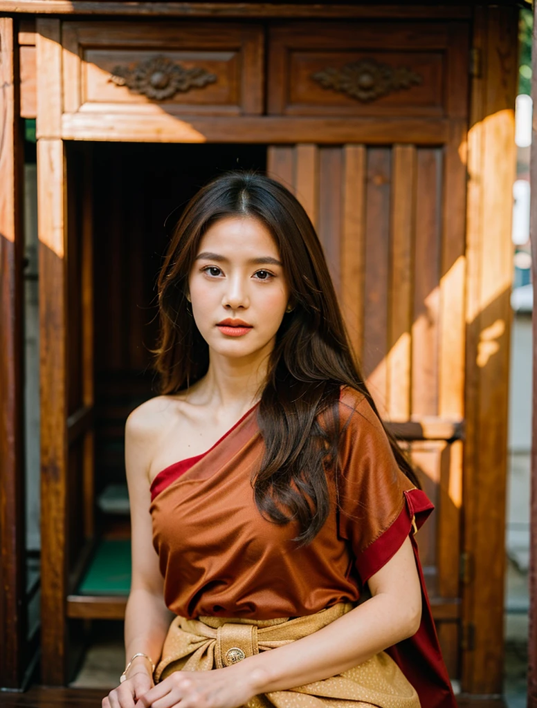 (8K,Masterpiece,Nothing special, realistic :1.3), best quality, Portrait , realistic, Face Focus, 1 woman, long brown hair, Traditional Thai dress , ( Comfortable red:1.2), temple background, (The Wind:1.2),(sunlight:1.2), big breasts