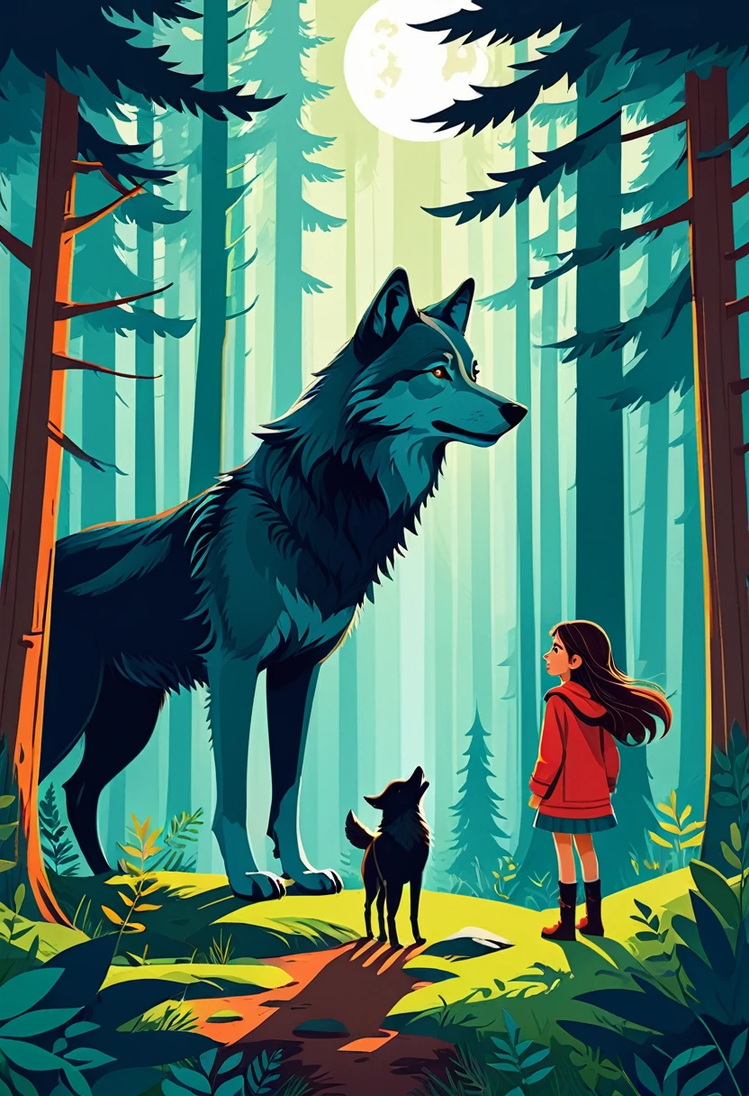 cover page, A girl and a wolf meet in the forest, flat Design, vector illustrations, graphic illustration, detailed 2d illustration, flat illustration, digital illustration, digital artwork,