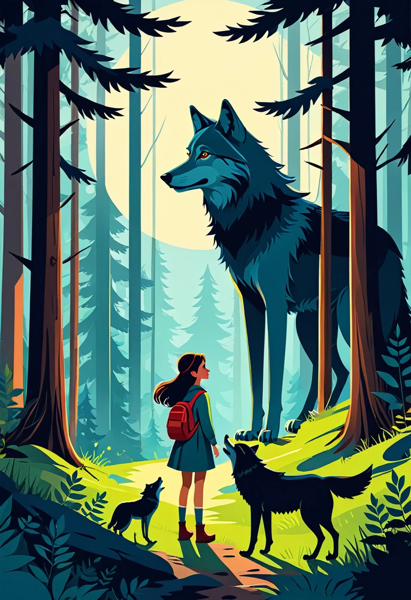 cover page, A girl and a wolf meet in the forest, flat Design, vector illustrations, graphic illustration, detailed 2d illustration, flat illustration, digital illustration, digital artwork,