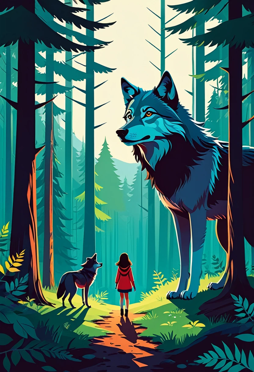 cover page, A girl and a wolf meet in the forest, flat Design, vector illustrations, graphic illustration, detailed 2d illustration, flat illustration, digital illustration, digital artwork,