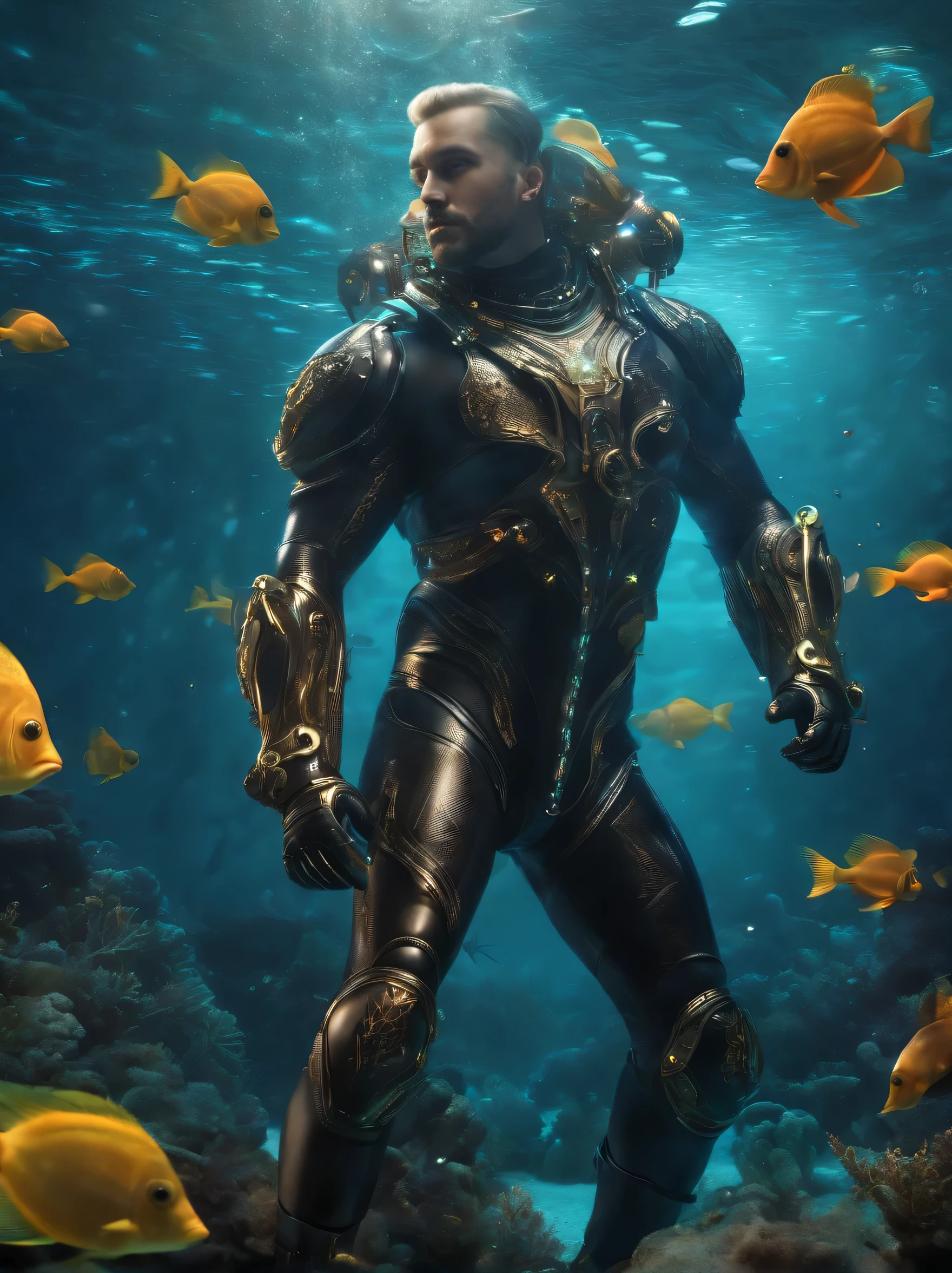 naughty man, trimmed bem hair, futuristic outfit covered in shiny jewels, looking at the camera, swimming freely in a fantastic seabed, underwater world in action, fish around. unreal motor 5, hyper realist, cinematic light, high qualiy, hight clarity, ultra-detailed, work of art, fantastic atmosphere, dreamy and dramatic.
