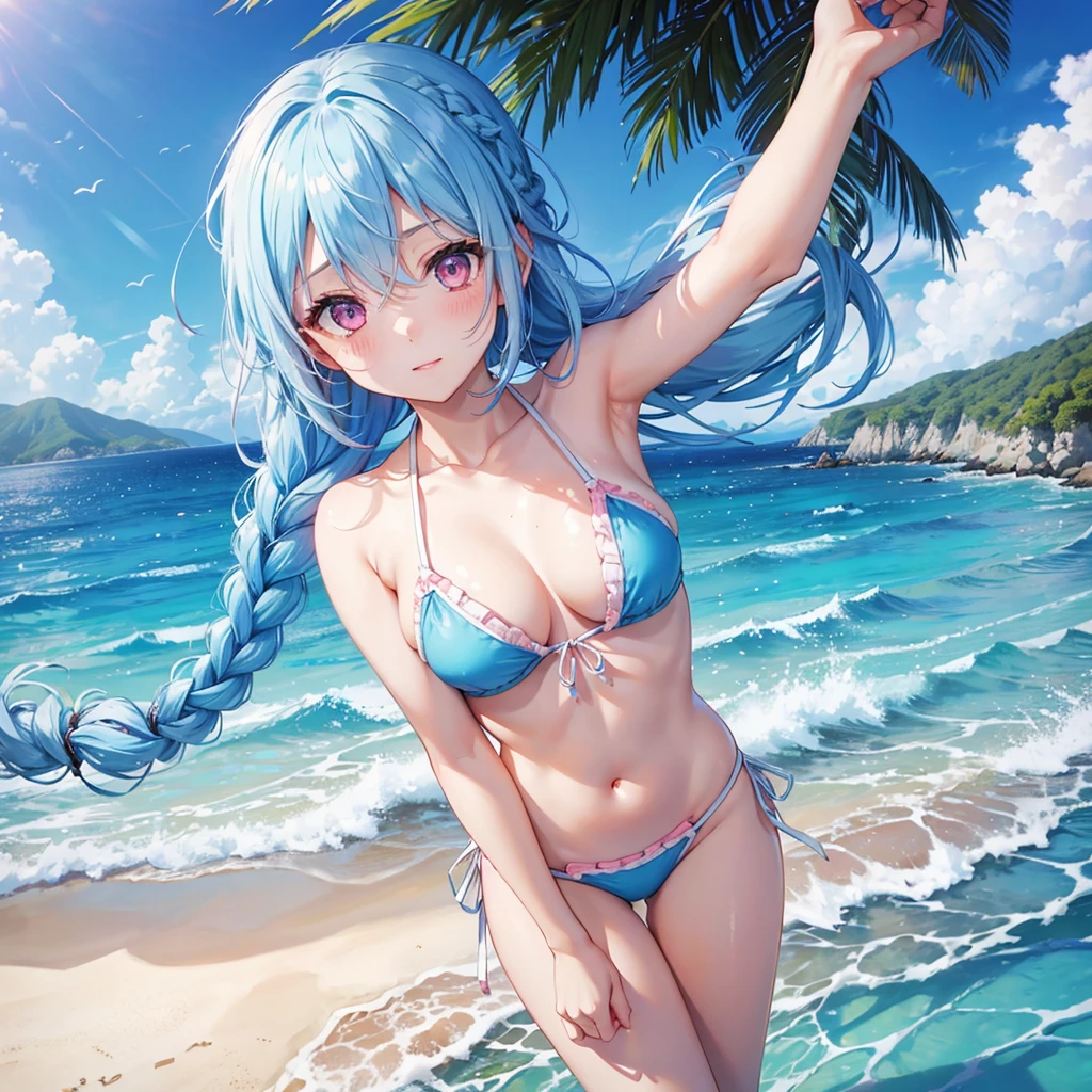 (Sky blue hair),(Braided hair tied together)、Pink eyes、Fair skin、(whole body)、(One Girl)、bikini、Shining white sand beach in midsummer、Okinawa's ocean、A happy smile、、(masterpiece、Highest quality、Very detailed、Best Shadow)、(Detailed Background)、(Beautifully detailed face)、High contrast、(Best lighting、Very delicate and beautiful)、((Cinematic Light))、colorful、Hyper Detail、Dramatic Light、Exquisite detail、Jumping and having fun