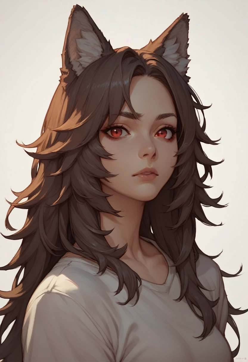 Brown Hair,Long Hair,Red eyes, Wolf Girl,Wolf Ear,Wolf&#39;s Tail、Large Breasts、T-Shirts(tight)Maxi Dresses、Cleavage、surprised、Huge penis only、Sweat、In the heat、Zoom in on face