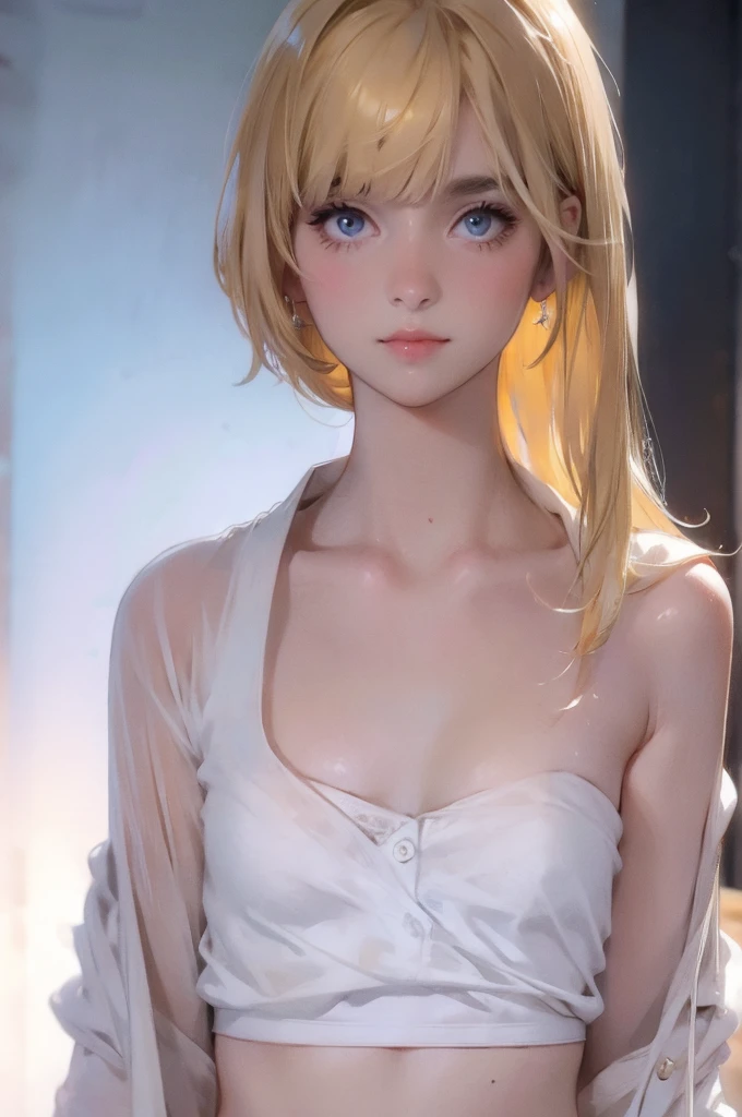 Pure white shirt,Blonde long hair,Small Bust,Cleavage,mini skirt,White panties