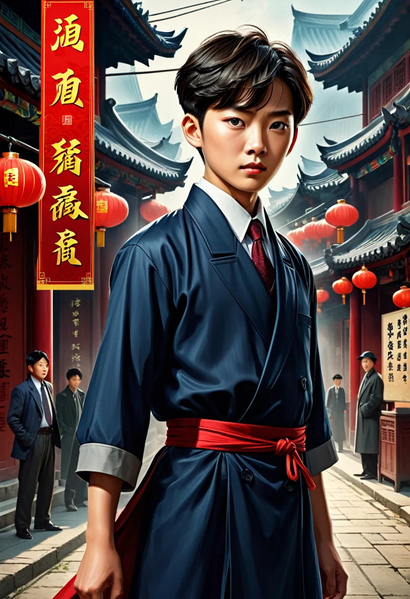 movie poster, highres, top quality, best quality, paid reward available, unparalleled masterpiece, perfect artwork, absurdres, High-quality illustrations, super high resolution, detailed background, perfect anatomy(1boy, detective, 1woman in Chinese dress)Crime mystery,