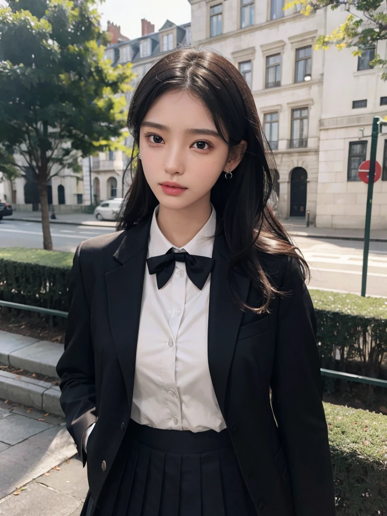 absurdres, RAW photo, extremely delicate and beautiful, masterpiece, Best Quality, ultra high resolution, 32k, hyperrealistic, ultra-detailed, perfect figure, in her 20s, very small head, very small face, delicate facial features, tearful mole, earring, very huge breasts, ((full body shot)), medium hair, black hair, ((school_uniform)),