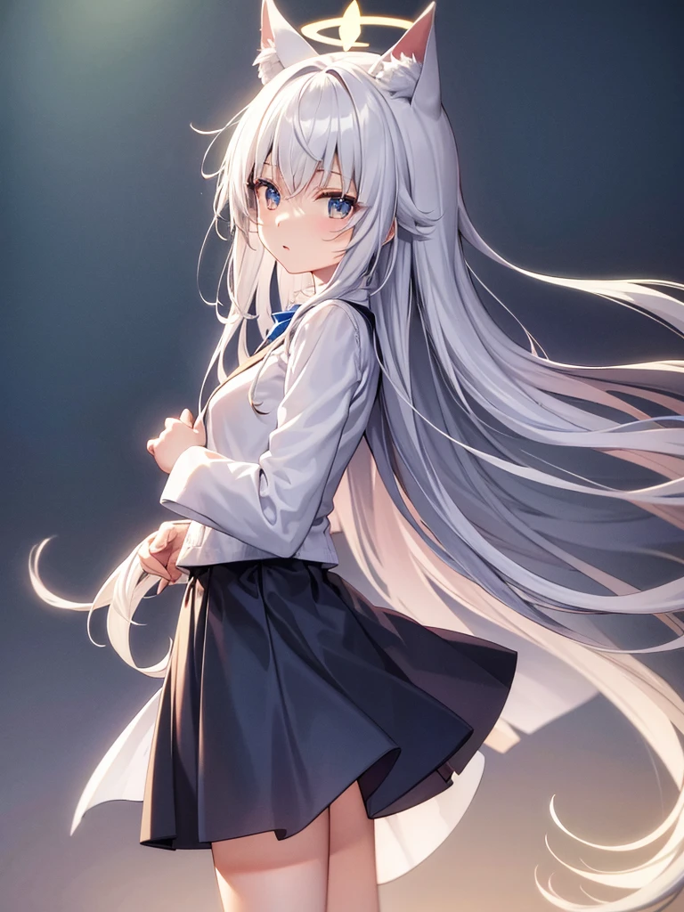 White silk tights，Short skirt，Boots，Lining，coat，White long hair，A cat lady，，small headdress，White, light blue, light pink，Standing，Halo