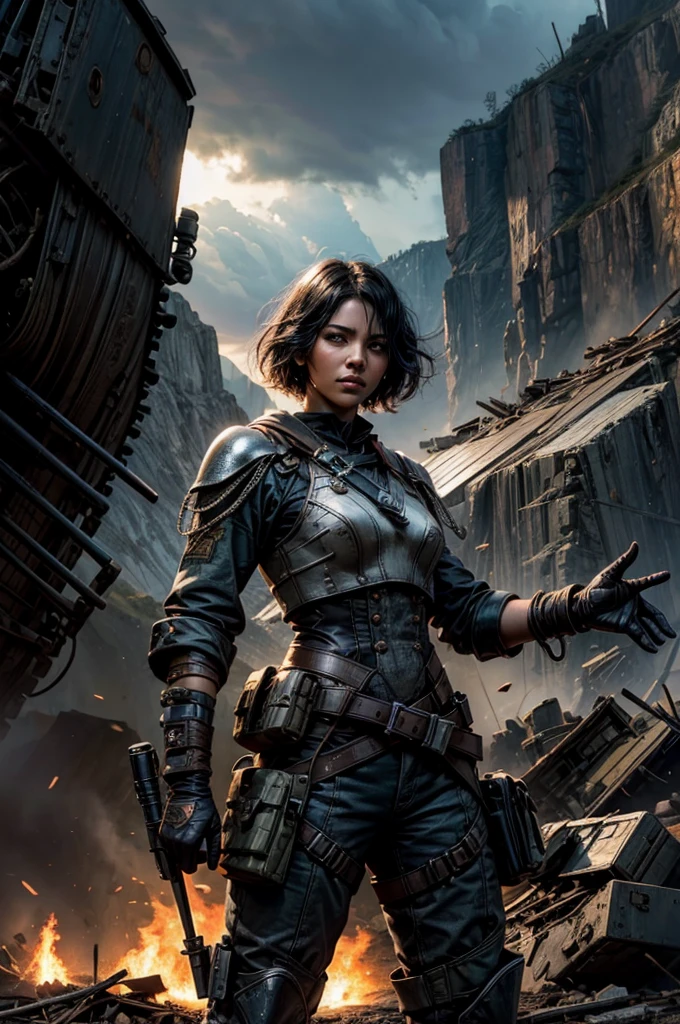 MariaCalavera, dark skin, black hair, short hair, silver eyes, military uniform, cowboy shot, (dynamic pose), (standing in aircraft scrapyard), in valley, BREAK mountains in background, waterfall, crowd, (crowd in military dress), post-apocalypse, dystopian future, bonfires, (volumetric lighting), intricate details, tonemapping, sharp focus, hyper detailed