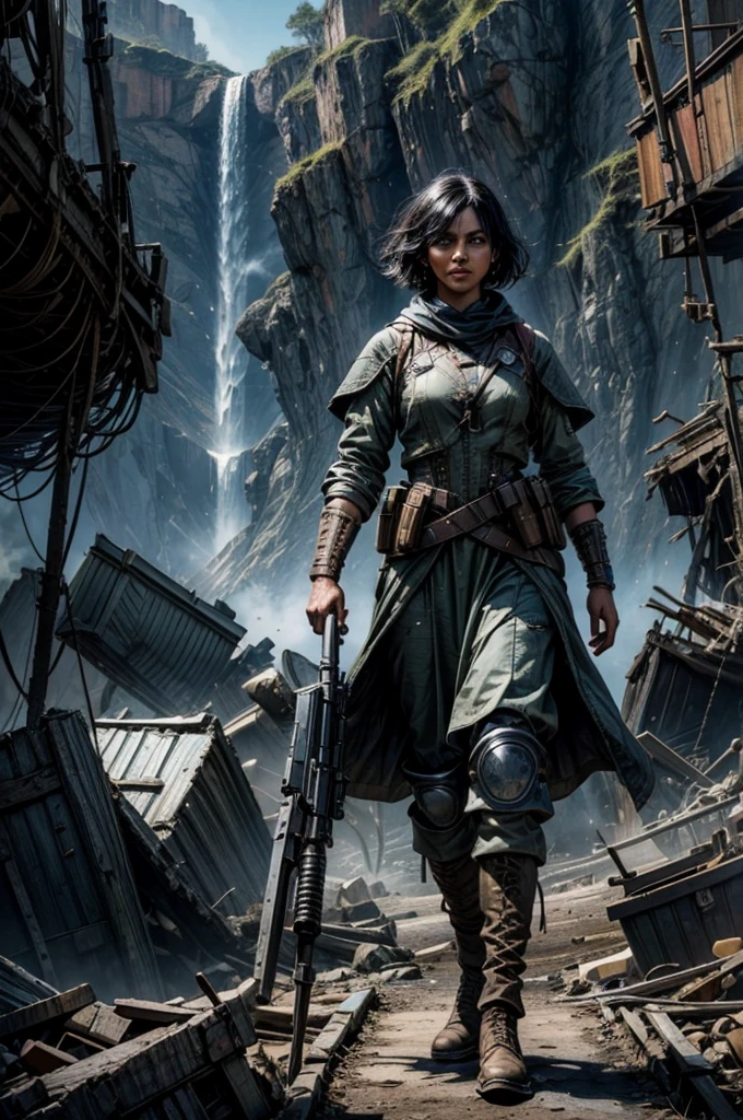 MariaCalavera, dark skin, black hair, short hair, silver eyes, military uniform, cowboy shot, (dynamic pose), (standing in aircraft scrapyard), in valley, BREAK mountains in background, waterfall, crowd, (crowd in military dress), post-apocalypse, dystopian future, bonfires, (volumetric lighting), intricate details, tonemapping, sharp focus, hyper detailed