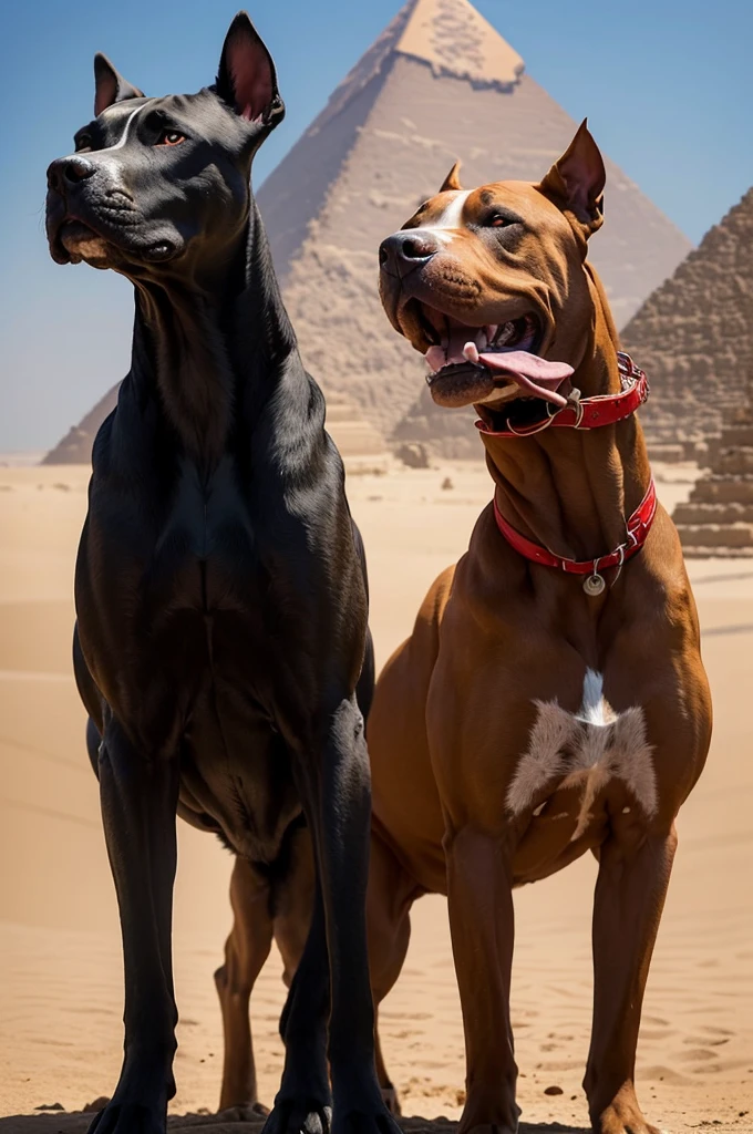 The logo must feature a muscular Pitbull, transmitting strength, controlled aggression and loyalty. in background whith, include the pyramids of Egypt in the desert. Use strong, striking colors like red, black and gold, harmonized to enhance strength and elegance. The Pitbull must be in a pose highlighting its muscles, while the pyramids and the desert complement the image without stealing attention.