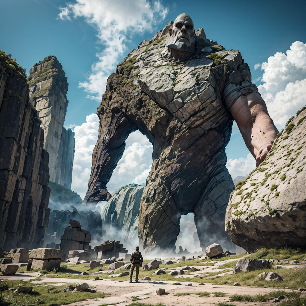 (good structure),high-range dynamics,ultra high definition,8K,Rock Giants,Giant Clan, cliff, nube, nubey sky, wreckage, undoing, gigant ass, grey sky, paisaje,Light and thin smoke, male focus, moutain, muscular, gaping mouth, plein-air, stone, ruins, sky, standing alone,A body composed of stones