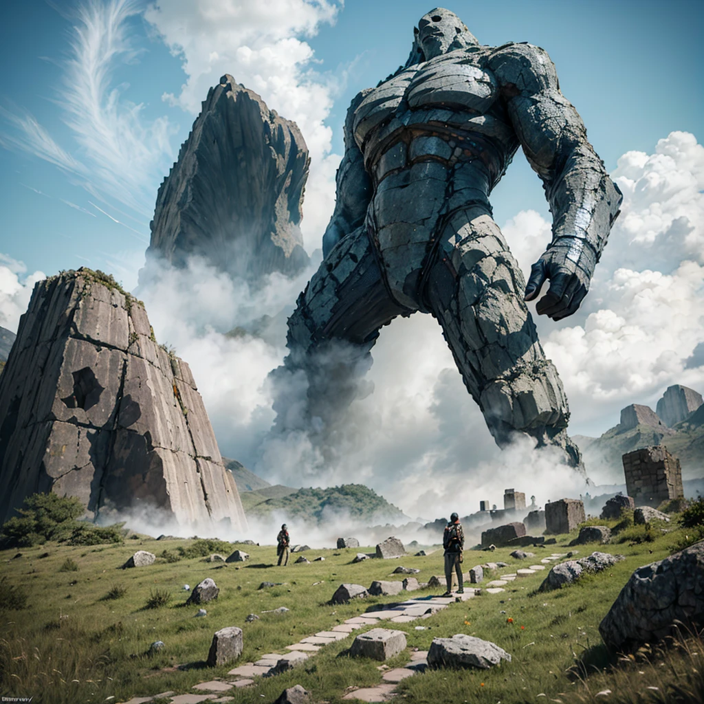 (good structure),high-range dynamics,ultra high definition,8K,Rock Giants,Giant Clan, cliff, nube, nubey sky, wreckage, undoing, gigant ass, grey sky, paisaje,Light and thin smoke, male focus, moutain, muscular, gaping mouth, plein-air, stone, ruins, sky, standing alone,A body composed of stones