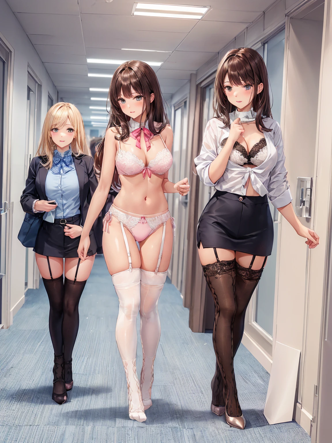 ((二人のIn underwearの女性はセクシーにOffice corridorを歩いている:1.4), Beautiful Anime Women, Beautiful art style, Anime characters, ((Smooth texture, Realistic texture, Anime CG Style)), ((Highest quality)), (Very detailed), (Very detailed CG 統合 8k 壁紙), Very detailed, High-resolution RAW color photos, Professional photography, Brown Hair, Stylish hairstyle, Great face and eyes, Beautiful and large breasts, Slender body, (Stunningly beautiful woman), (Detailed face:1.2),(Office corridor, Many business people walking down the corridor, There is a window in the hallway:1.3), ((Bow tie around neck, High heels:1.3), (Employee ID card worn around the neck:1.3), (Sexy and cute white underwear, Sexy and cute pink underwear:1.3), (Stylish shiny satin panties, Side-tie panties, Panties with a plain center and lace decoration on the sides:1.3), (Thin panties with ribbon:1.3), (Micro lace satin bra, Lace-trimmed bra, Thin bra:1.3), (garter belt, Garter Strings, Knee socks:1.3):1.3), naked, In underwear, In underwearのオフィスレディ, Exact number of arms, Exact number of legs, Perfect Anatomy, (Embarrassed expression, Surprised expression), Angle from the front, Exact finger count、Exact number of legs、(Exact number of arms:1.0, Exact number of hands:1.0), (Perfect hands, Perfect Anatomy)