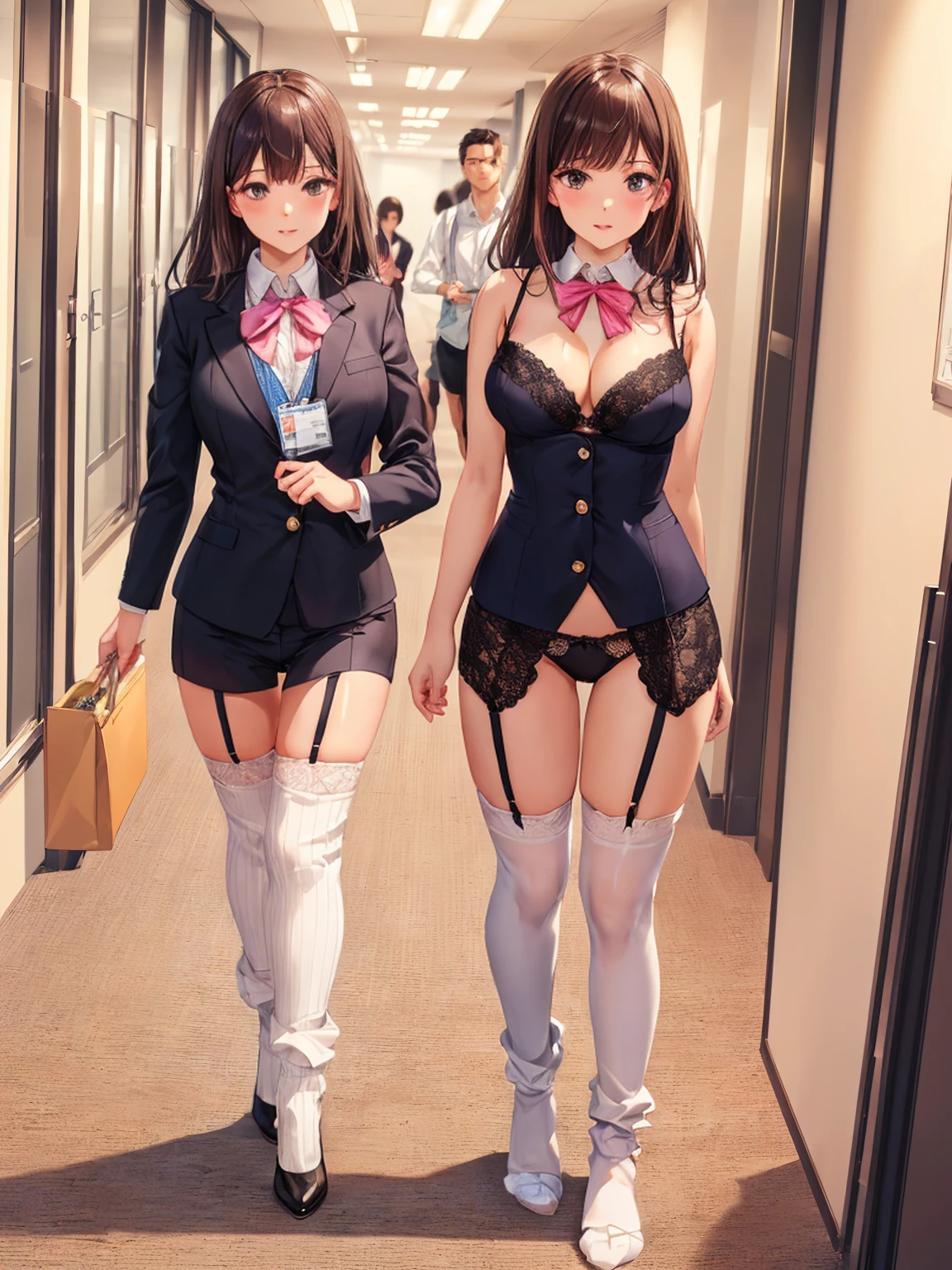 ((二人のIn underwearの女性はセクシーにOffice corridorを歩いている:1.4), Beautiful Anime Women, Beautiful art style, Anime characters, ((Smooth texture, Realistic texture, Anime CG Style)), ((Highest quality)), (Very detailed), (Very detailed CG 統合 8k 壁紙), Very detailed, High-resolution RAW color photos, Professional photography, Brown Hair, Stylish hairstyle, Great face and eyes, Beautiful and large breasts, Slender body, (Stunningly beautiful woman), (Detailed face:1.2),(Office corridor, Many business people walking down the corridor, There is a window in the hallway:1.3), ((Bow tie around neck, High heels:1.3), (Employee ID card worn around the neck:1.3), (Sexy and cute white underwear, Sexy and cute pink underwear:1.3), (Stylish shiny satin panties, Side-tie panties, Panties with a plain center and lace decoration on the sides:1.3), (Thin panties with ribbon:1.3), (Micro lace satin bra, Lace-trimmed bra, Thin bra:1.3), (garter belt, Garter Strings, Knee socks:1.3):1.3), naked, In underwear, In underwearのオフィスレディ, Exact number of arms, Exact number of legs, Perfect Anatomy, (Embarrassed expression, Surprised expression), Angle from the front, Exact finger count、Exact number of legs、(Exact number of arms:1.0, Exact number of hands:1.0), (Perfect hands, Perfect Anatomy)
