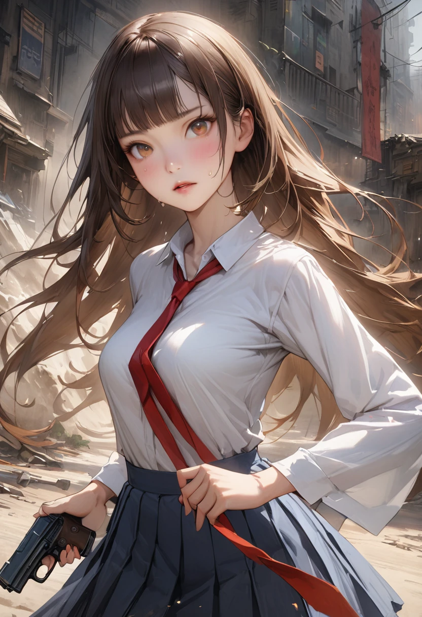 Action Scenes、((A detailed depiction of a woman holding a handgun))、((masterpiece,Highest quality:1.3,best quality illustration)),(realistic),cowboy shot,独奏,1woman,(18-year-old、Japanese Beauty),dark brown hair,long hair,bangs,brown eyes,gorgeous eyes,(very small head:1.3),(very long body:1.2,skinny),medium breasts,(Red ribbon tie、White long sleeve collared shirt、Navy blue pleated mini skirt),gleaming skin,toned body,slender body,sweat,Run,Ruined city、Collapsed building、、World of Blade Runner、