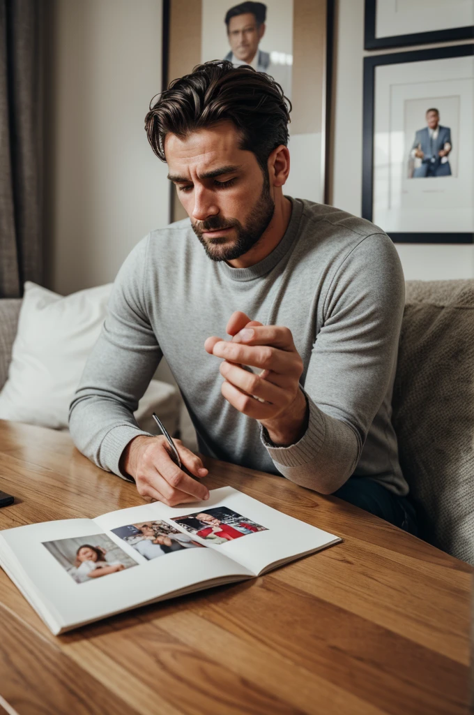 Handsome man looking at photos of his wife and crying 