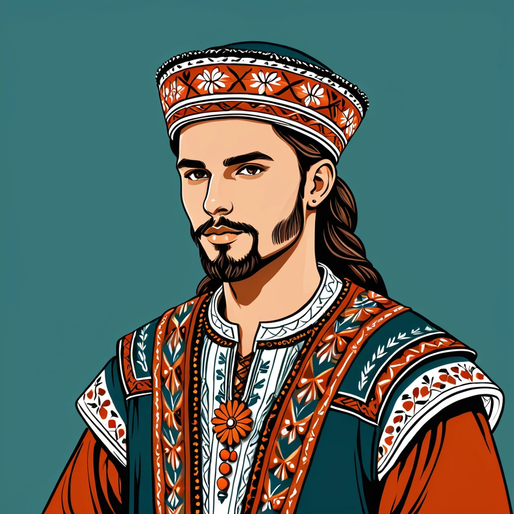man in bask folk outfit, vector graphics, strong contours
