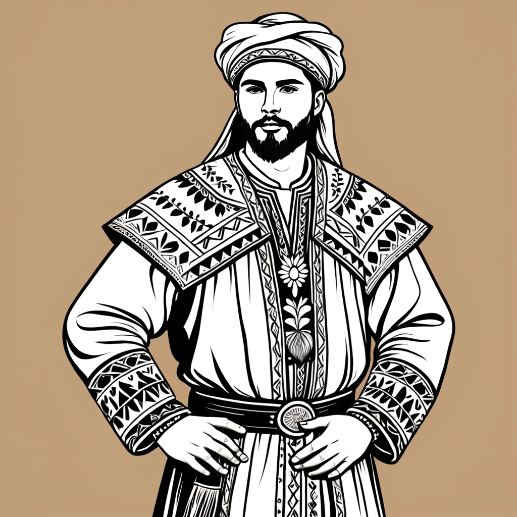 man in bask folk outfit, vector graphics, strong contours