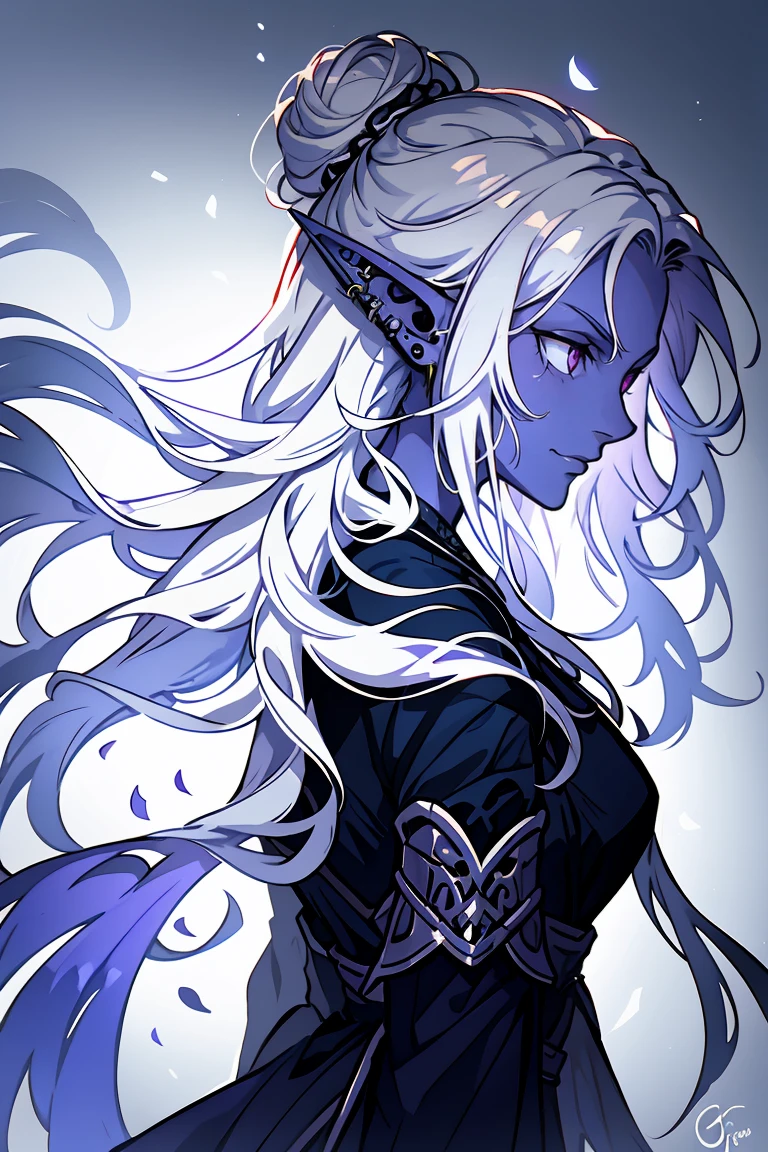 drow, white hair with purple low-ombre dye, male, pointy ears, solo, Calm slightly smile, elf, long hair, colored skin, white hair, blue grey skin, jewelry, earrings, bun hair, long hair, black adventuring clothes with silver and purple accent, lavender purple eyes, profile, upper body, from side, signature, piercing, artist name, ear piercing, nose, lipasterpiece, best quality)), art by greg rutkowski