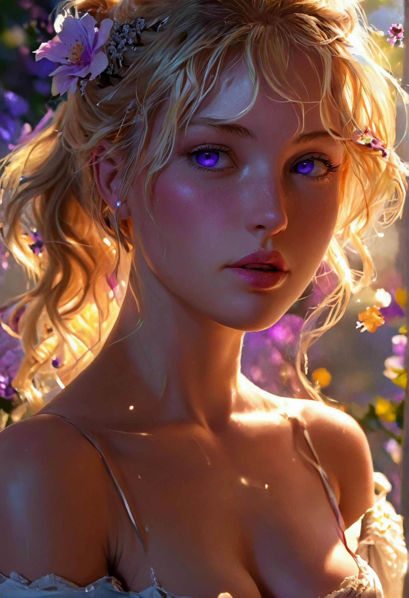 upper body,Large breasts, revealing breasts,Full nude,Revealing the female genitals, chest in front, Sleeveless, realistic, one woman, Blonde, purple eyes, shining eyes, , Chapped lips, Blush, nighttime, flower, sun, sunlight,Very detailed illustrations,blonde hair , Show forehead,shiny, Blonde ponytail