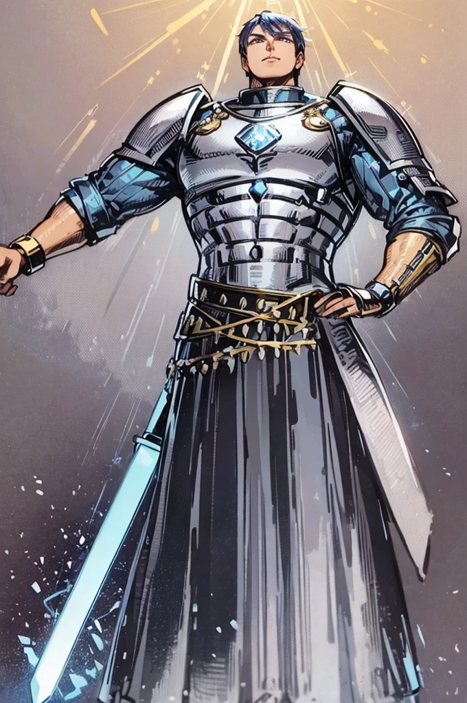 Muscular 22 year old man, rectangular body, trapezoidal head, with blue eyes, latin features, short silver hair, wearing silver armor with gold accents and tanned skin, posing standing, with a ring of light above his head, with a sword