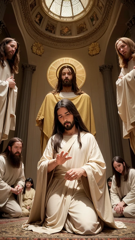 Generate a 4k quality image with Jesus Christ kneeling with his disciples