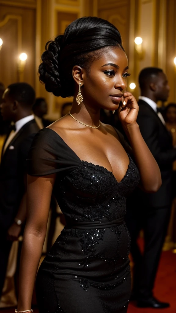 A beautiful beautiful black woman, beautiful silhouette, beautifuls + gentle lips+Businessman Tresse) are in a company . very realistic Ivorian communications manager,,,,,,,,,,,,,,,,,,,,,
Amidst the opulent gala evening at the One State Opera, Alex Sheffield, One'rich cultural heritage and embraces modernity, is resplendent in her long navy blue velvet evening gown embellished with gold thread patterns; as she maintains a majestic and elegant pose while looking into the distance at the ornate ballroom illuminated by chandeliers that cast prismatic light on the attendees of this grand event, her black high heels adding a modern touch to the clic elegance of her outfit.