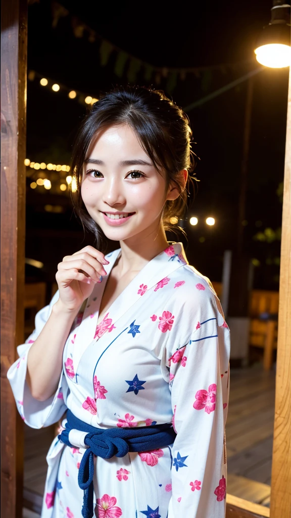 High resolution、high quality、Detailed face、Beautiful Face、cute、Young Face、Young face、Beautiful scenery in Japan、yukata、An innocent smile、whole body、Summer festival、stall、Nightclub、firework