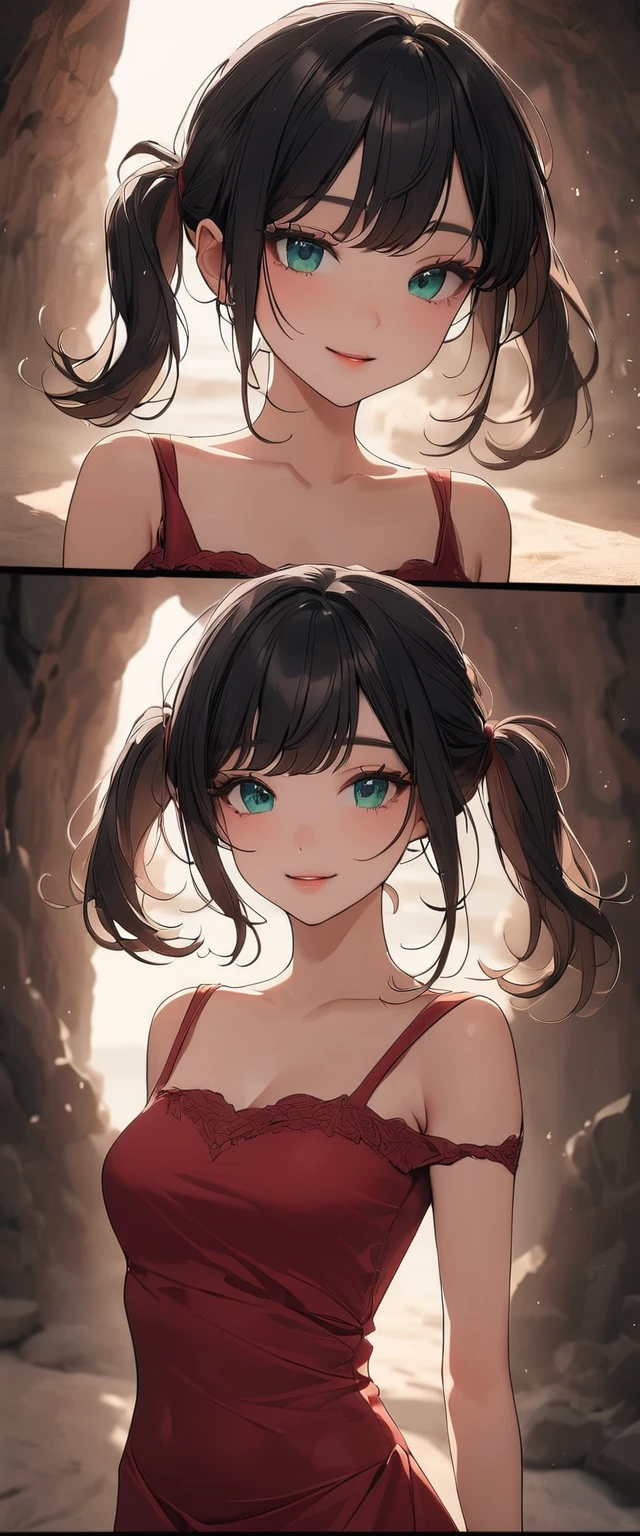 Photo of a woman with natural skin, Seaside cave, The light is shining in, Upper Body, Smiling, High Twintails, Black hair with red mesh, Sharp eyes with red eyeshadow, Blue-green eyes, Shining eyes, A thin, upturned nose, Well-shaped lips, ((Black off-the-shoulder dress, Thin shoulder straps)), barefoot, Makeup, Exquisitely crafted with the utmost attention to detail, Vibrant, amazing, Smooth, Cinematic, 4K, Backlight, (()), Shallow depth of field, ((Detailed eyes:1.3, Detailed lips:1.3, high quality, )), masterpiece, Super detailed images, High quality
