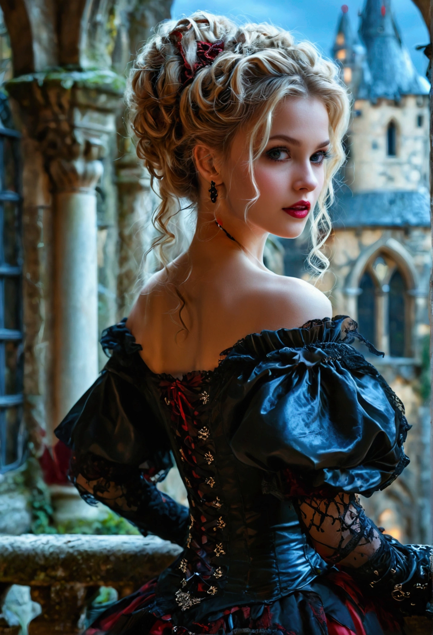 (masterpiece, top quality, best quality, official art, beautiful and aesthetic:1.2), (1girl:1.3), long and curly blond hair, ((extravagant updo)), Victorian style, extremely detailed, portrait, looking at viewer, solo, (full body:0.6), detailed background, close up, mischievous eyes, (cold midnight castle theme:1.1), extremely vampire,, charlatan, smirk, mysterious, on a balcony, gothic dress, lace, extremely tight bodice, black attire, red skirts, off shoulder, long sleeves, loose sleeves, black leather, cloak, corset, black dress, fishnets, thigh high black boots, buckles, straps, pouches, glowing blood magic energy, dark red fabric, silver trim, black leather, gigantic breasts, cleavage, skindentation, slim waist, slim hips, long legs, medieval (gothic castle exterior:1.1) background, nighttime, dark mysterious lighting, shadows, magical atmosphere, dutch angle