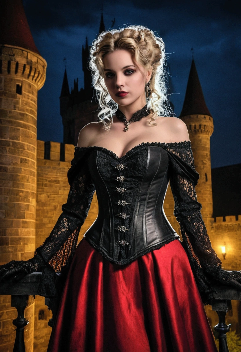(masterpiece, top quality, best quality, official art, beautiful and aesthetic:1.2), (1girl:1.3), long and curly dark brown hair, ((extravagant updo)), Victorian style, extremely detailed, portrait, looking at viewer, solo, (full body:0.6), detailed background, close up, mischievous eyes, (cold midnight castle theme:1.1), extremely busty vampire, long fangs, blood on chin, huge lips, charlatan, smirk, mysterious, being seductive on a balcony, revealing gothic dress, lace, extremely tight bodice, black attire, red skirts, off shoulder, long sleeves, loose sleeves, black leather, cloak, corset, black dress, fishnets, thigh high black boots, buckles, straps, pouches, glowing blood magic energy, dark red fabric, silver trim, black leather, gigantic breasts, cleavage, skindentation, slim waist, slim hips, long legs, medieval (gothic castle exterior:1.1) background, nighttime, dark mysterious lighting, shadows, magical atmosphere, dutch angle