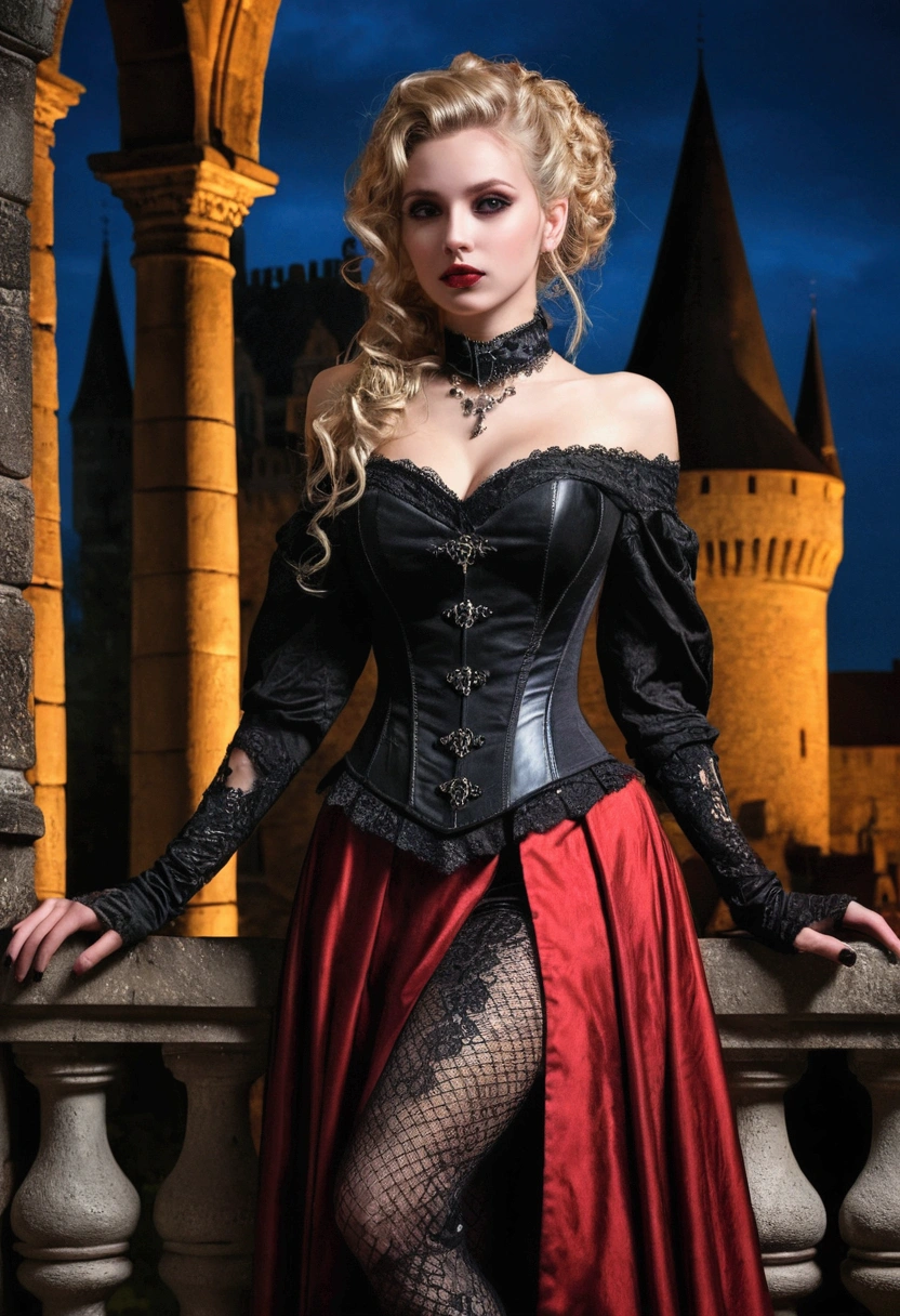 (masterpiece, top quality, best quality, official art, beautiful and aesthetic:1.2), (1girl:1.3), long and curly blond hair, ((extravagant updo)), Victorian style, extremely detailed, portrait, looking at viewer, solo, (full body:0.6), detailed background, close up, mischievous eyes, (cold midnight castle theme:1.1), extremely vampire,, charlatan, smirk, mysterious, on a balcony, gothic dress, lace, extremely tight bodice, black attire, red skirts, off shoulder, long sleeves, loose sleeves, black leather, cloak, corset, black dress, fishnets, thigh high black boots, buckles, straps, pouches, glowing blood magic energy, dark red fabric, silver trim, black leather, gigantic breasts, cleavage, skindentation, slim waist, slim hips, long legs, medieval (gothic castle exterior:1.1) background, nighttime, dark mysterious lighting, shadows, magical atmosphere, dutch angle