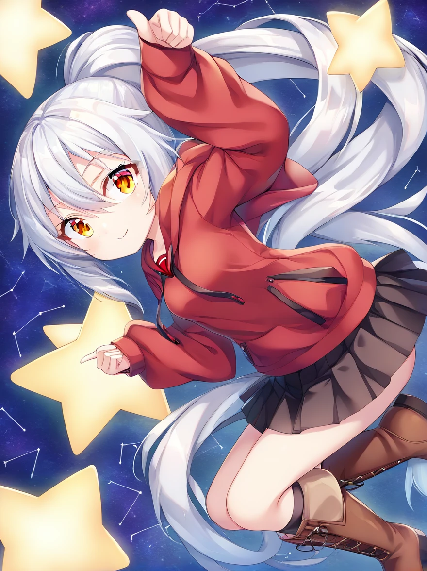 score_9, source_anime, masterpiece,
1girl, cute girl, original,
skinny, , small breasts, blonde eyes, yellow eyes, (silver hair:1.4), very long hair, hair between eyes, ponytail,
hoodie, (red shirt:1.2) , black skirt, pleated skirt, brown boots,
starry sky, star \(sky\), full moon, constellation, midair, 
from above, pointing, jumping, (star \(symbol\):1.1), 
closed mouth, smile, doyagao, (hand in pocket:1.2), hand in hoodie, pocket, horizon, black background,
