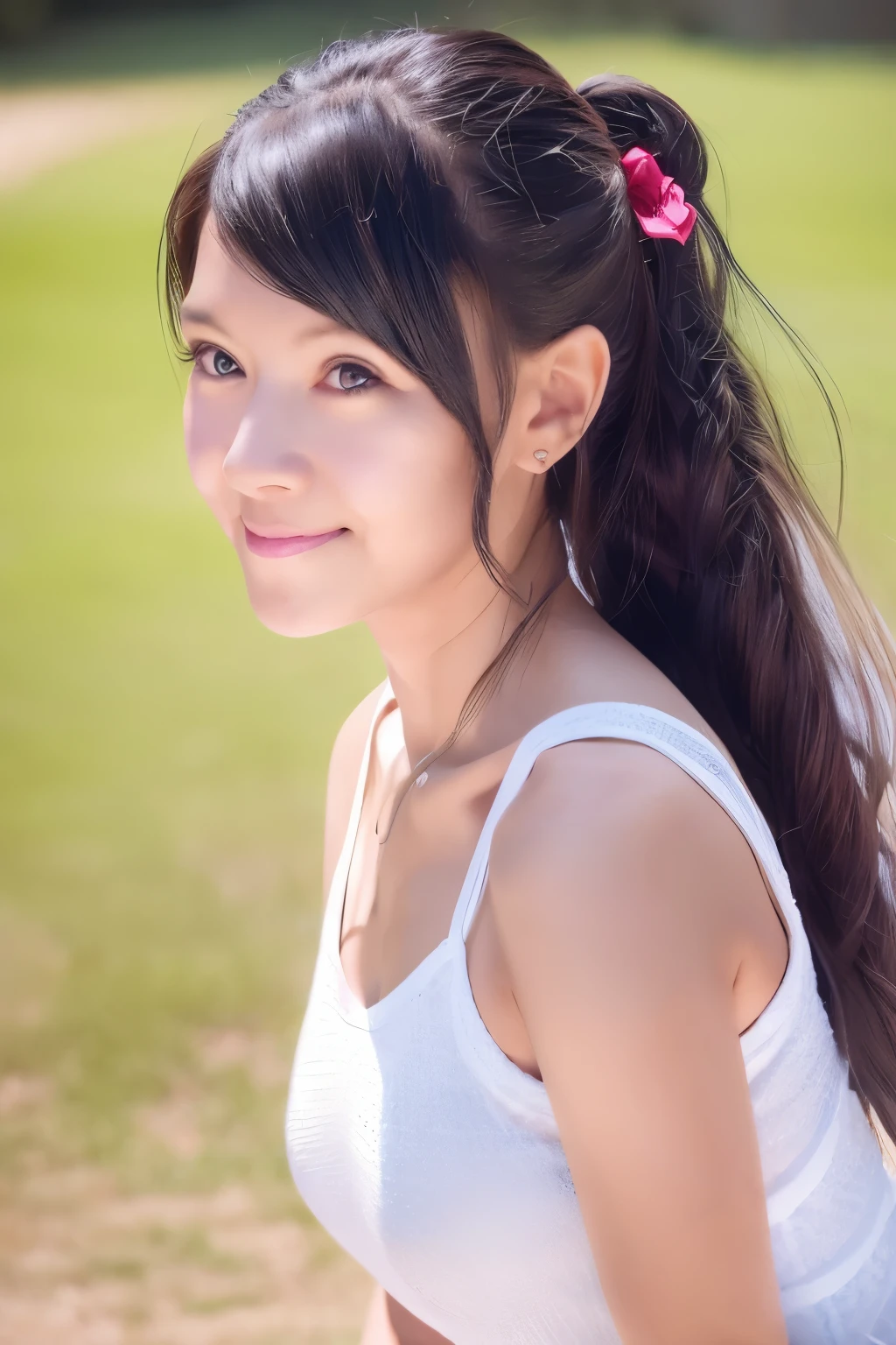 a sweaty young school girl in a white dress, workout, doing squats, detailed face and eyes, beautiful long eyelashes, shiny skin, sweat dripping, natural lighting, 8k, high resolution, photorealistic, masterpiece