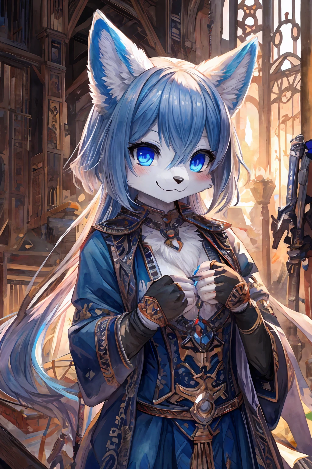 monochrome, watercolor, highres, top quality, best quality, paid reward available, High-quality illustrations, unparalleled masterpiece, perfect artwork, absurdres, 1girl, kemono, furry, detailed body fur, animal face, animal hand, Archaic Smile, holding a cluster of Blue iris in both hands, which are positioned at chest level, She is wearing a simple ring on the ring finger of her left hand, unfocused spread o Blue iris, fan-created work shared on platforms Pixiv or ,