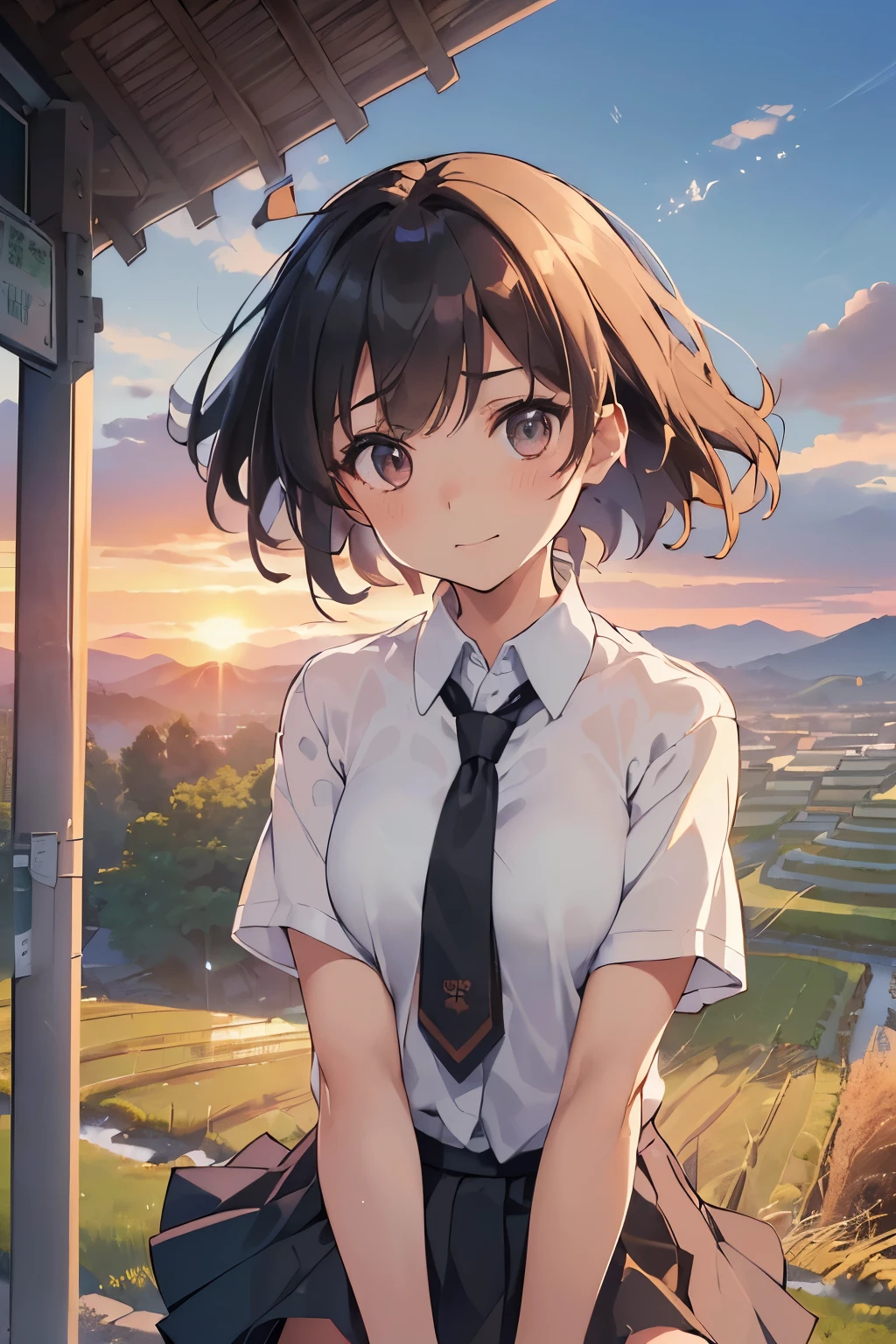 ,((Highest quality,4K, masterpiece:1.3)),((High Resolution)),((It's wonderful)),((Japan countryside:1.2)),((Japan countryside:1.2)),((Japan countryside:1.2)),((Japan countryside:1.2)),((Japanese mountain trails and rice terraces:1.2)),((Standing at the bus stop:1.2)),((Standing at the bus stop:1.2)),(Do not split frames),(Do not split),(Do not split),(sunset:1.2),(sunset:1.2),(sunset:1.2),(sunset:1.2),(One woman:1.8),(One woman:1.8),(One woman:1.8),((dutch angle shot:1.2)),((dutch angle shot:1.2)),((upper body shot:1.2)),((upper body shot:1.2)),((upper body shot:1.2)),((shoot from above:1.2)),((shoot from above:1.2)),((school uniform, short sleeve shirt:1.2)),((school uniform, short sleeve shirt:1.2)),((school uniform, short sleeve shirt:1.2)),((school uniform, short sleeve shirt:1.2)),(A tie blowing in the wind:1.4),(A tie blowing in the wind:1.4),(A tie blowing in the wind:1.4),((wavy mouth:1.4)),((wavy mouth:1.4)),((wavy mouth:1.4)),((pigeon toed:1.2)),((pigeon toed:1.2)),((pigeon toed:1.2)),((Bend your knees and stand with your legs together:1.2)),((Bend your knees and stand with your legs together:1.2)),((Bend your knees and stand with your legs together:1.2)),((Bend your knees and stand with your legs together:1.2)),((Bend your knees and stand with your legs together:1.2)),((Bend your knees and stand with your legs together:1.2)),((Hold down the hem of your skirt, which is about to be blown up by the wind:1.2)),((Hold down the hem of your skirt, which is about to be blown up by the wind:1.2)),((Hold down the hem of your skirt, which is about to be blown up by the wind:1.2)),((Hold down the hem of your skirt, which is about to be blown up by the wind:1.2)),((face focus:1.4)),((face focus:1.4)),((face focus:1.4)),((face focus:1.4)),(Shy laugh:1.2),(Shy laugh:1.2),(Shy laugh:1.2),(Shy laugh:1.2),(Panic look:1.2),(Panic look:1.2),(Hair blowing in the strong wind:1.2),(Hair blowing in the strong wind:1.2),(Hair blowing in the strong wind:1.2),(shoot from front),(shoot from front),(shoot from front),((Light brown eyes:1.2)),((Light brown eyes:1.2)),((Beautiful highlighted eyes)),((Light brown eyes:1.2)),((Light brown eyes:1.2)),((Light brown eyes:1.2)),((Beautiful highlighted eyes)),((Light brown eyes:1.2)),((Shiny black hair:1.4)),((Shiny black hair:1.4)),((Shiny black hair:1.4)),((Fluffy short bob:1.2)),((Fluffy short bob:1.2)),((Fluffy short bob:1.2)),((Fluffy short bob:1.2)),((Parted bangs)),((Parted bangs)),((Parted bangs)),(Beautiful breasts),(Beautiful breasts),Japanese women, 14 years old gravure photo, High Contrast, Aperture F3.2, Focal length 100mm, (((peace sign))),wakame, wakame, wakame, wakame, wakame, wakame, wakame, wakame, wakame, wakame, wakame, wakame, wakame, wakame, wakame, wakame, wakame, wakame, wakame, wakame, wakame, wakame, wakame, wakame, wakame