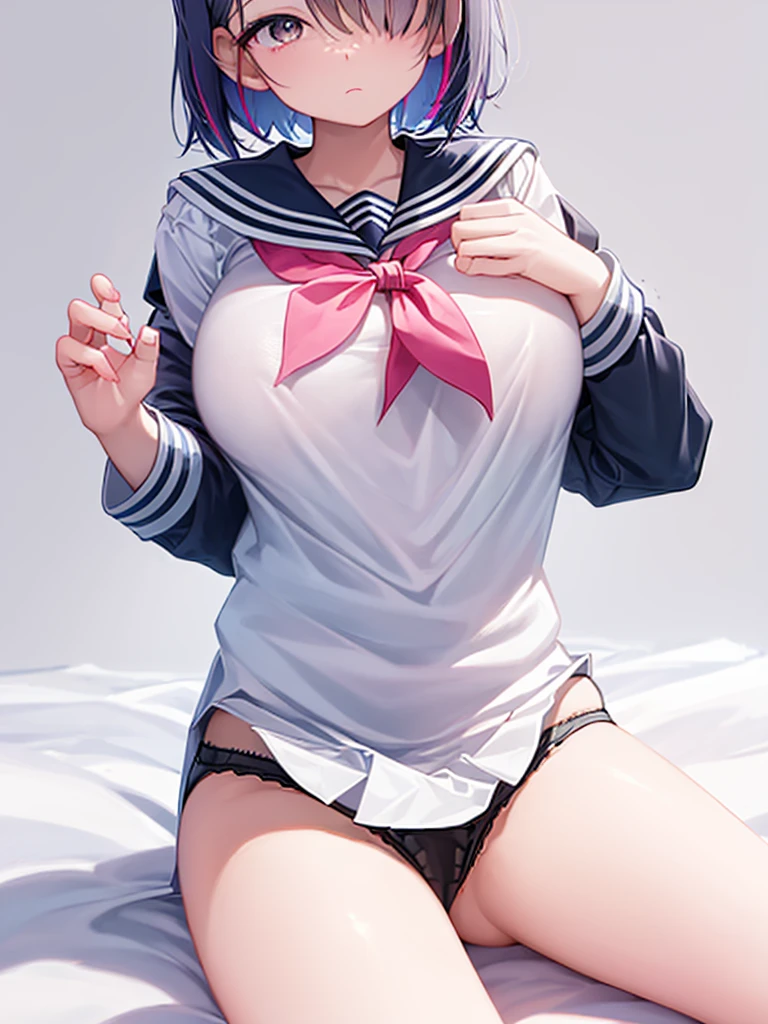 Highest quality, Anime Moe,nude,porn,hentai, Art Style,Best Anime 8K Konachan Wallpaper,pixiv contest winners,Perfect Anatomy, (obscene,lure,Get naked,Beautiful, long legs ),break, 1 Girl, (alone,,,:1.3),high female underwear, short hair, amount, (Hair above one eye:1.7),All limbs, Full Finger,Big breasts, Between the legs, Small eyes,accurate black eyes, Hair Clip, (Sailor suit:1.5),(female underwear:1.5) skirt,bed room. break,Very detailed,High resolution,ultra high density skin, Professional Lighting,8K eye detail, (Cute illustrations:1.2),hair,Expressionless,(Hair on one eye:1.5),Sailor suitlure,Spread your legs and wait.Big breasts,female underwear,i