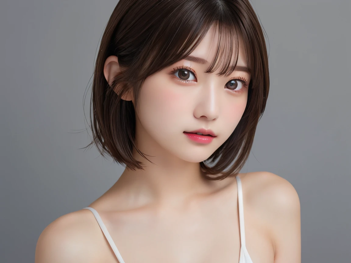 (8K.Highest quality), (beautiful)、Very delicate eyes、Brown eyes、22-year-old female、Brown Hair、looking at the camera、Semi-short hair、Gal、Soft boobs、Upper Body、Micro Bikini、Natural lips、Gray background