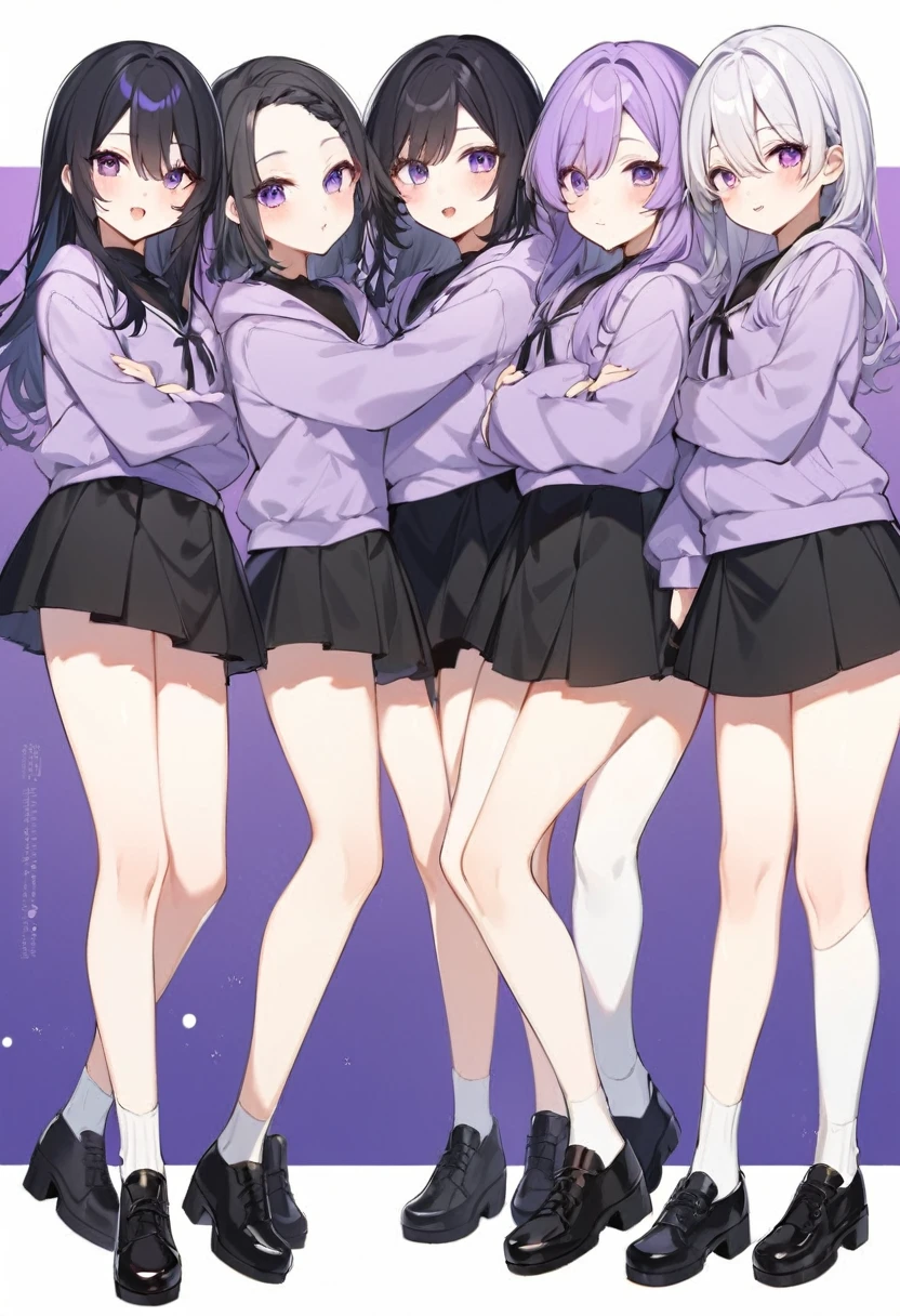 Keito。Purple hoodie。Black Skirt。Purple Eyes。Black Hair。Black shoes下。Black shoes。6 sistery eldest daughter has lavender hair.。all female。Sextuplets