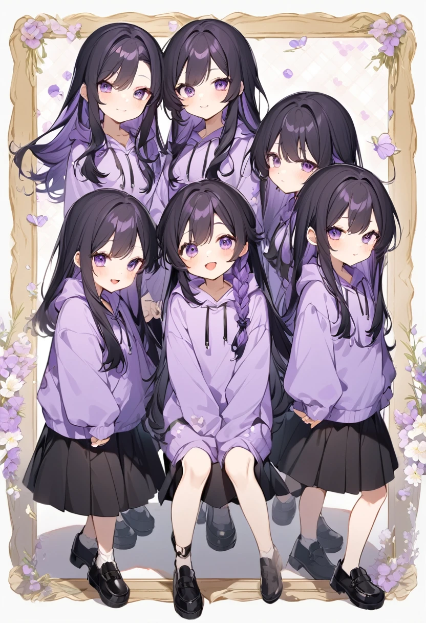 Keito。Purple hoodie。Black Skirt。Purple Eyes。Black Hair。Black shoes下。Black shoes。6 sistery eldest daughter has lavender hair.。all female。Sextuplets