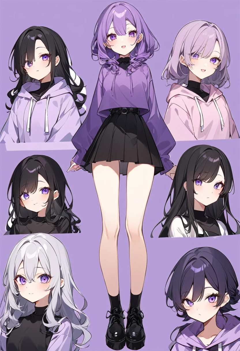 Keito。Purple hoodie。Black Skirt。Purple Eyes。Black Hair。Black shoes下。Black shoes。6 sistery eldest daughter has lavender hair.。all female。Sextuplets