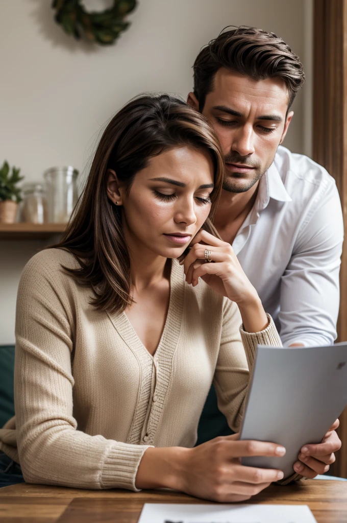 Handsome man looking at photos of his wife and crying with longing