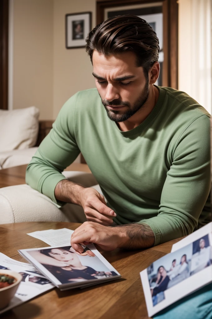 Handsome man looking at photos of his wife and crying with longing