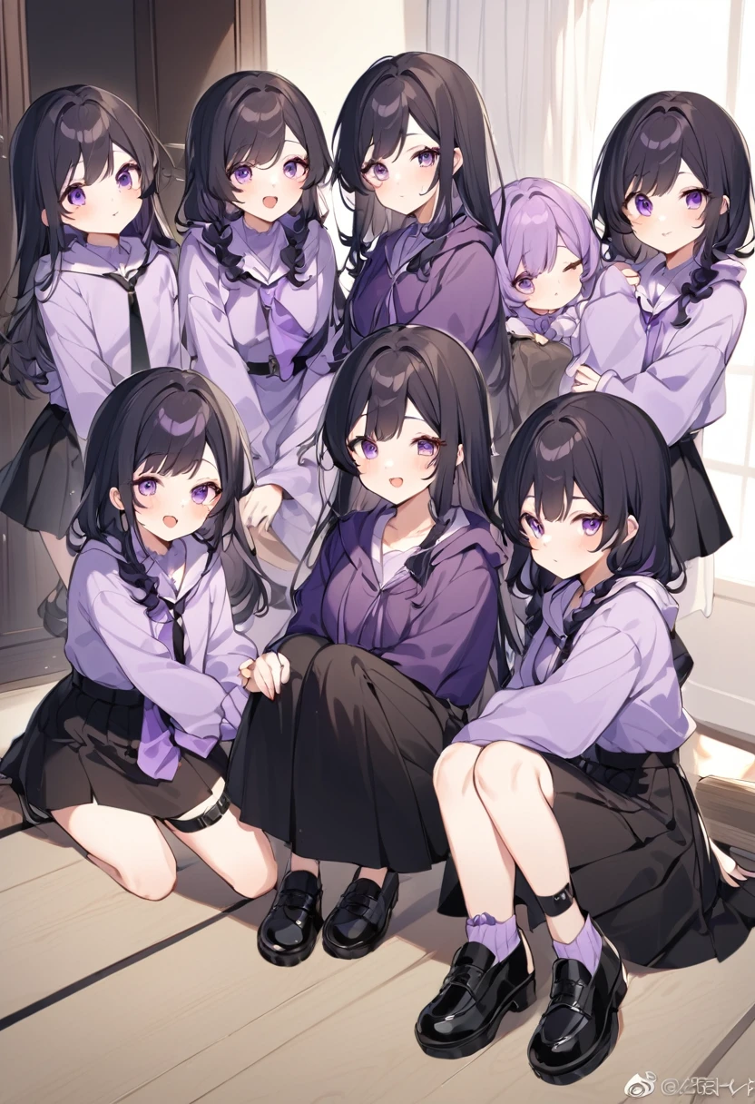 Keito。Purple hoodie。Black Skirt。Purple Eyes。Black Hair。Black shoes下。Black shoes。6 sistery eldest daughter has lavender hair.。all female。Sextuplets