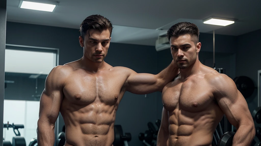 Crie uma imagem de thumbnail mostrando a transformação impressionante de A thin man para um homem com peitoral forte e musculoso. The image must be divided in half: To the left, A thin man, showing a chest with little muscle, wearing no shirt, o mesmo homem musculoso exibindo seu peitoral definido wearing no shirt. Both are in a modern gym setting with weight training equipment in the background and blue and purple LED lighting for a dramatic effect.. The man's facial expression should show determination and confidence in the transformation.